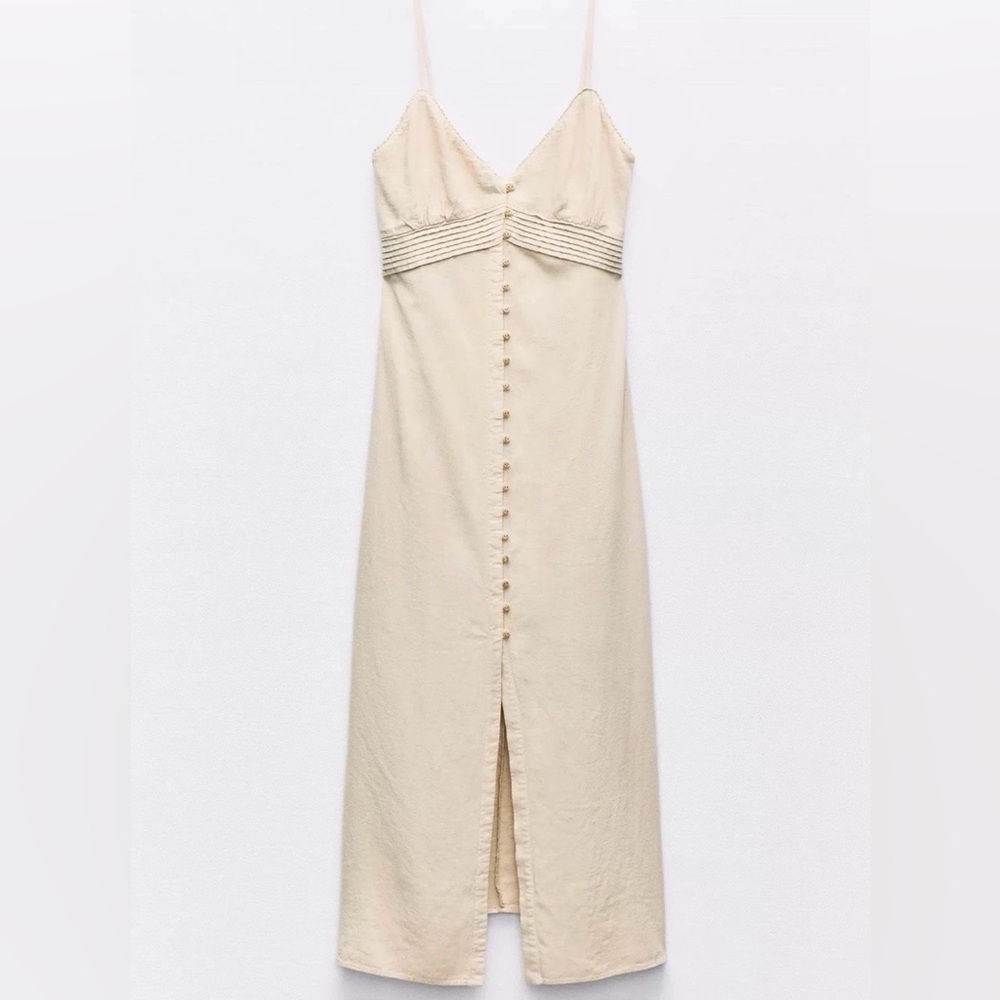 Zara Linen Cream Midi Slip Dress with Buttons